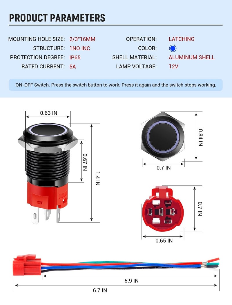 SARDVISA 2PCS 16mm Latching Push Button Switch, 12V DC On Off Self-Locking with Wire Socket Plug, Power Button Switch with LED Angel Eye Head for 0.63" Mounting Hole (Blue LED/Black Shell) - Image 2
